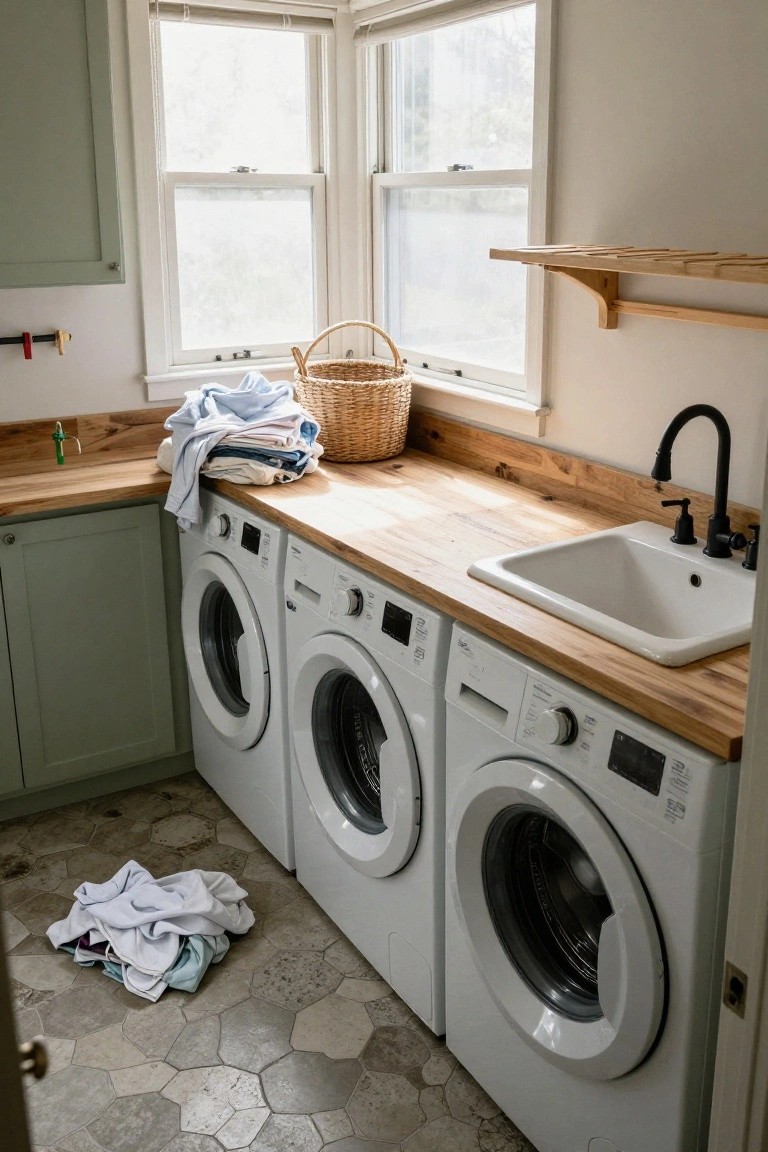 Laundry room with three white front-loading washing machines under a light wood countertop and white sink, flanked by sage green cabinets, wicker basket on shelf, and laundry on the tile floor.