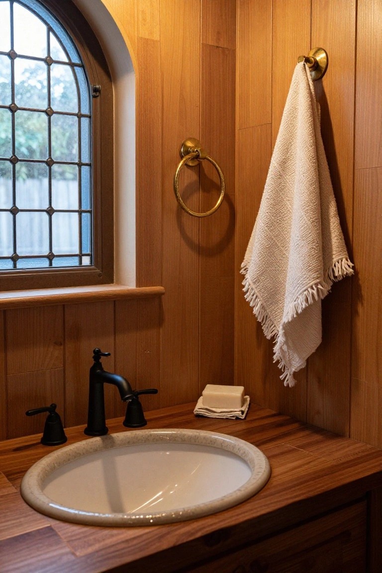 Bathroom sink area with light wood paneled walls, wooden countertop, oval white sink, matte black faucet, gold towel hook and ring with white towel and washcloths, soap dish, and arched leaded glass window.