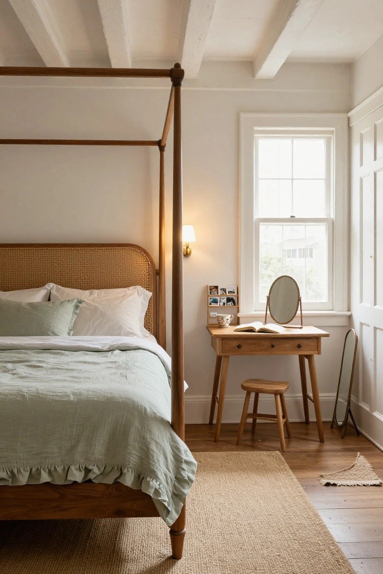 A cozy bedroom with a light wooden canopy bed featuring a rattan-woven headboard, sage green ruffled bedding, a wooden desk with open book and stool, white walls, large window, and seagrass rug on wood floors.