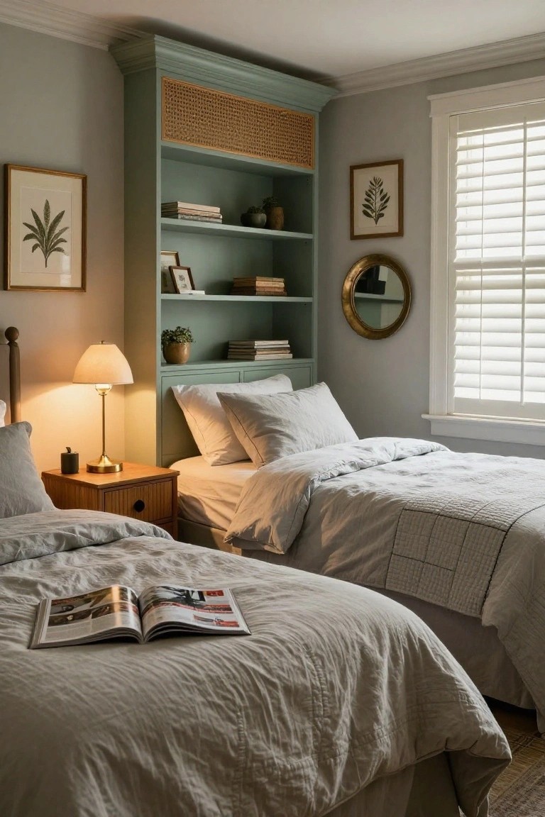 A light gray bedroom with two twin beds covered in white linens, a teal built-in bookshelf with rattan paneling behind them, wood nightstand with lamp, plants, artwork, and a window with white blinds.