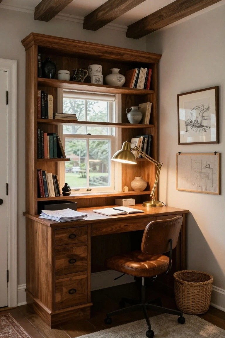 Tall wooden built-in bookshelf unit with integrated desk surface, leather desk chair, brass lamp, stacked papers, books, pottery, and window overlooking garden in a light gray room with wood beams.
