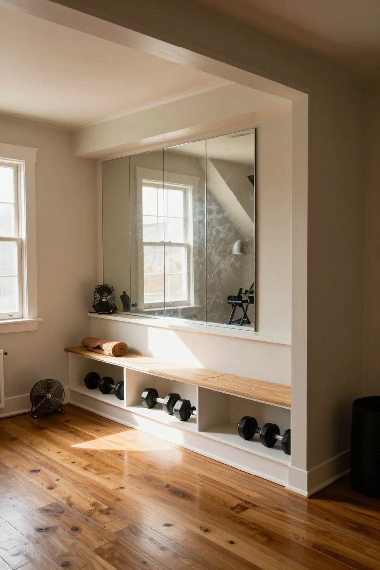 Corner of a light-colored interior room with a large wall mirror, white built-in shelves holding dumbbells, wooden bench with rolled towel, standing fan, black backpack, and hardwood floors.