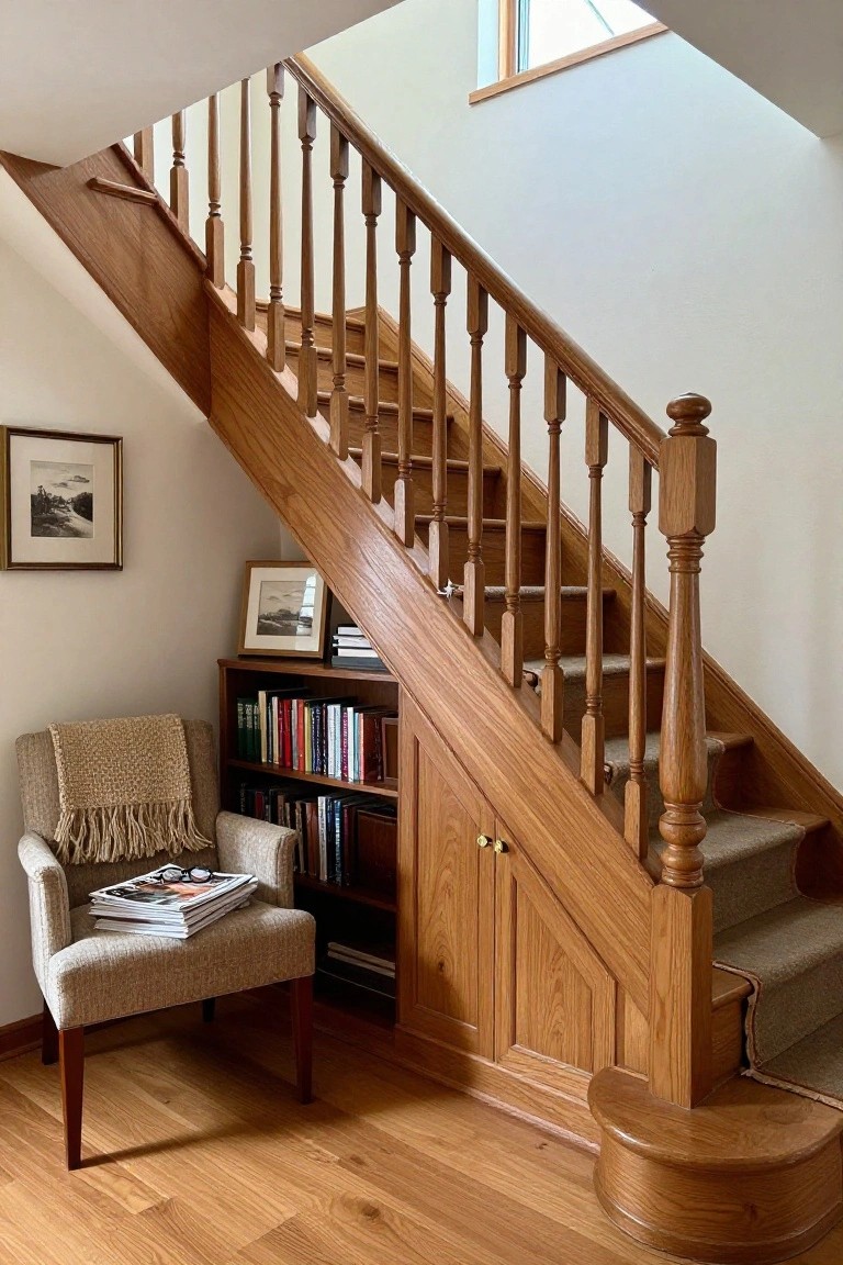 Wooden staircase with built-in oak bookshelves and cabinets underneath, a beige armchair with a throw and magazines nearby, framed photos on the wall, and light oak flooring.