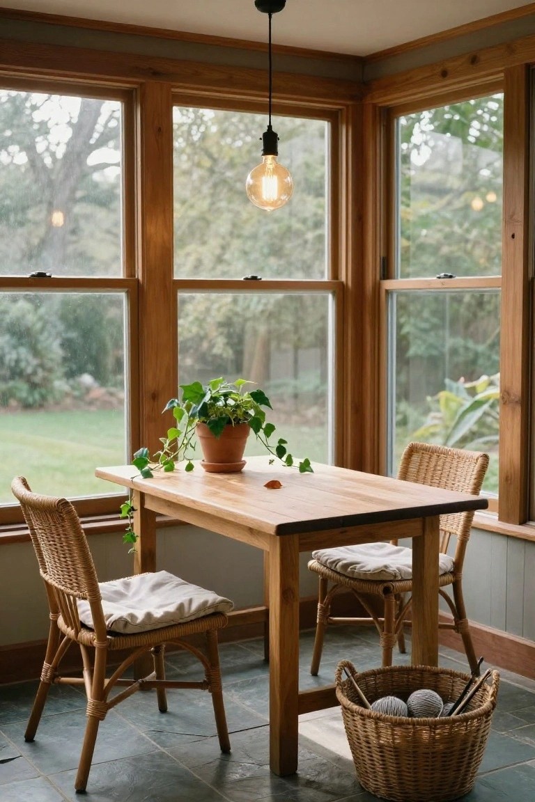 Corner sunroom with light wooden table holding a potted ivy plant, two wicker chairs with white cushions, yarn basket with balls and needles on slate floor, large wood-framed windows showing garden view.