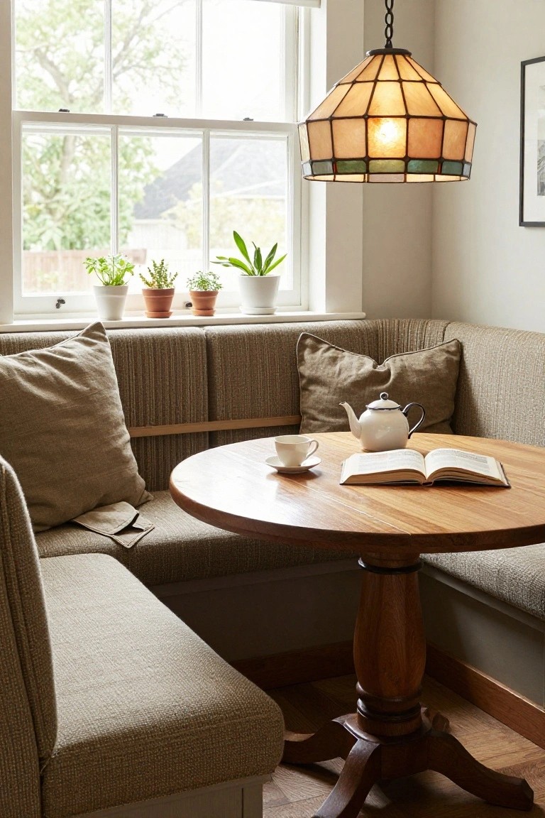 Beige built-in banquette seating in a sunny corner with large windows, round wooden pedestal table holding a white teapot, cup and saucer, and open book, potted plants on windowsill, stained glass pendant lamp overhead.