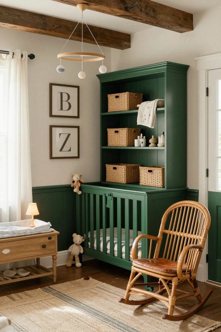 Craftsman-style nursery interior with deep green painted cabinetry and crib, wicker baskets on shelves, wooden rocking chair, changing table, and teddy bears.
