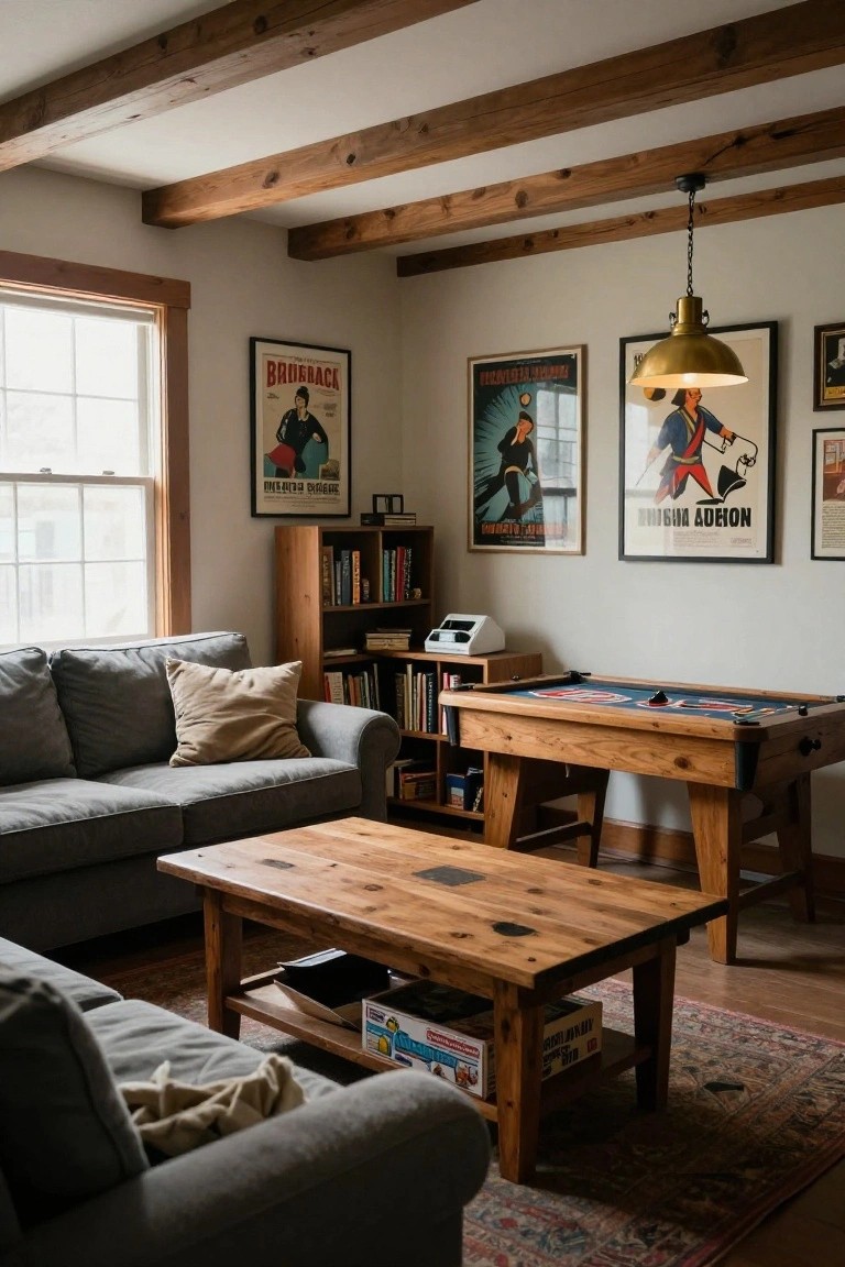 Cozy living room with exposed dark wooden ceiling beams, gray sofa, beige throw pillows, rustic wooden coffee table holding board games, wooden foosball table, bookshelves, and vintage posters on white walls.