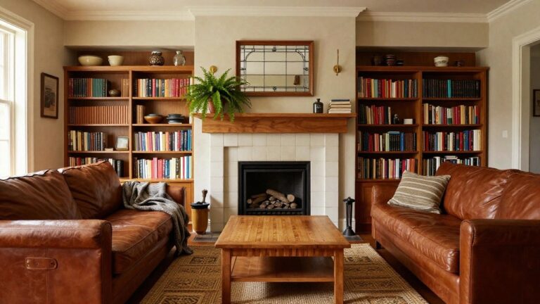 A living room with tall walnut wood built-in cabinets and open shelves flanking a gas fireplace with white tile surround, filled with books, vases, and plants, brown leather sofas nearby, wooden coffee table, and patterned rug.