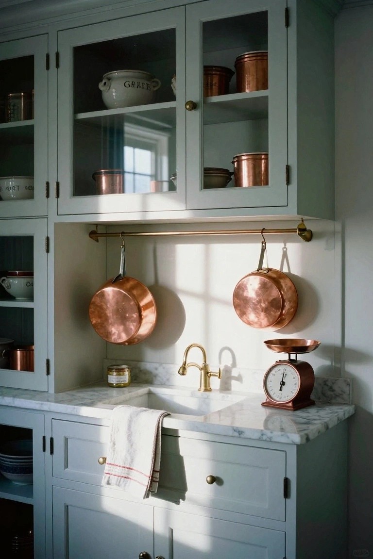 Kitchen with pale green cabinets displaying white ceramic jars and copper containers, copper pots hanging from brass rail above white marble sink with brass faucet and red copper scale nearby.