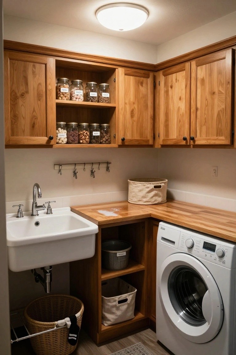Corner laundry room with wooden cabinets featuring open upper shelves stocked with labeled glass jars of snacks, white farmhouse sink on butcher block counter, front-loading washer, wicker baskets, and beige walls.