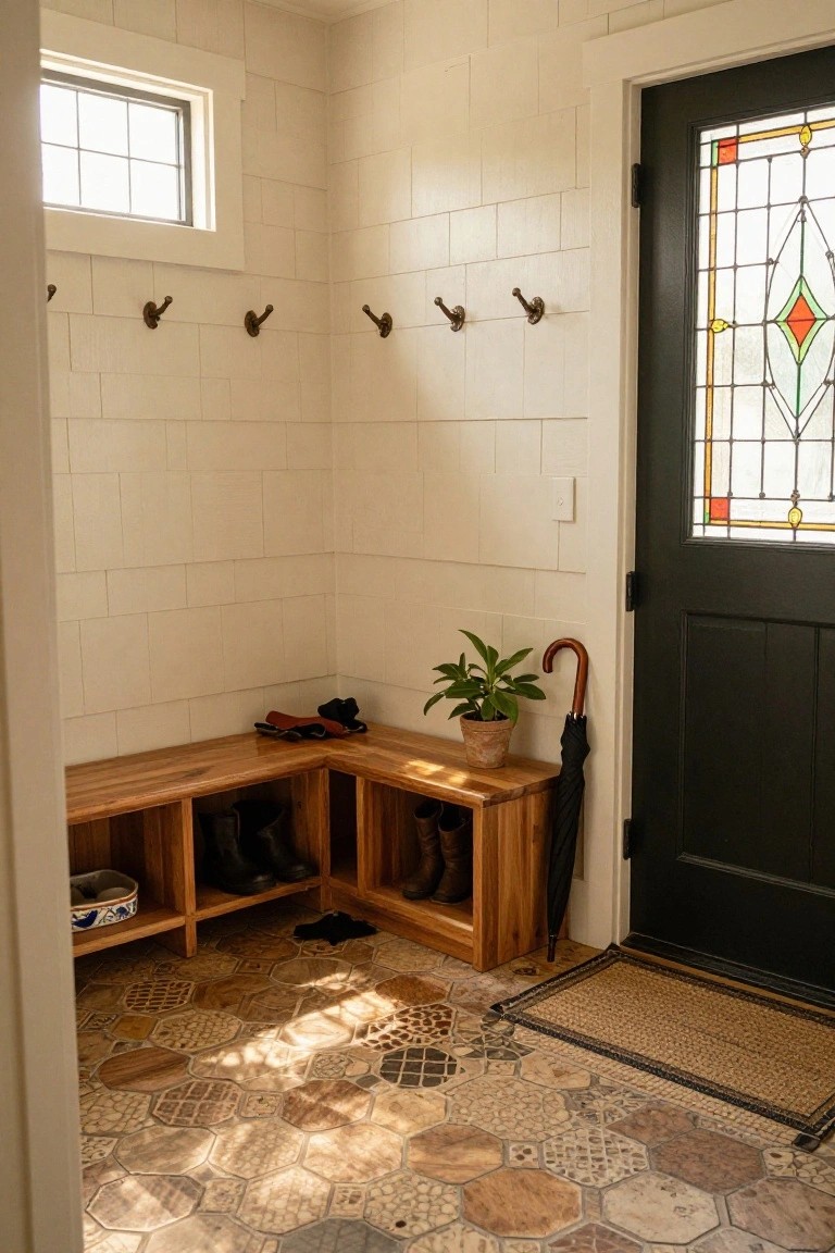 A corner mudroom with light wood bench and open cubbies storing tall boots and shoes, wall hooks above, potted plant on bench, umbrella by black door with stained glass window, and patterned tile floor.