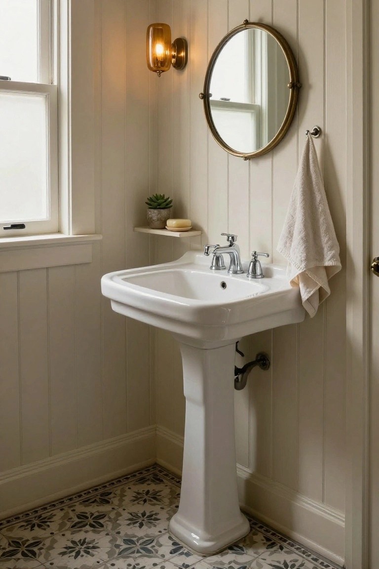 White pedestal sink with brass faucets below a round brass mirror on shiplap walls in a small bathroom with patterned tile floor, hanging towel, potted succulent, and soap dish.