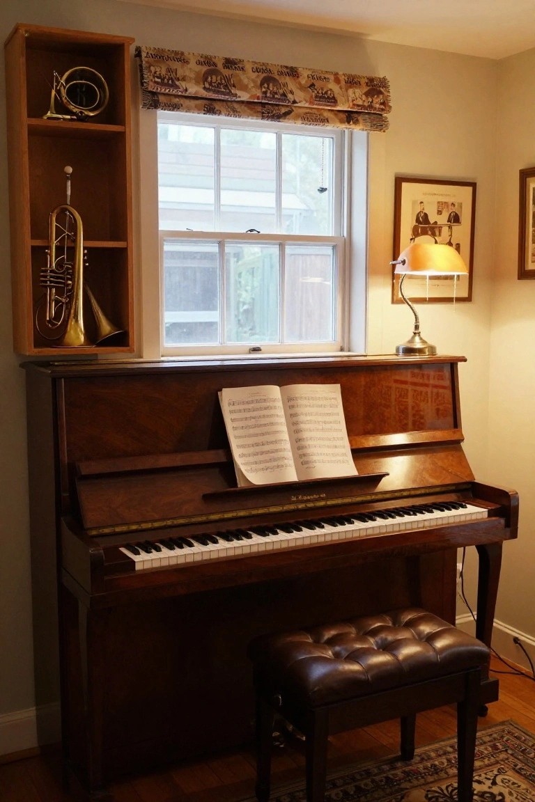 Wooden upright piano with open sheet music on the stand, built-in shelves displaying brass trumpet and flugelhorn nearby, window with patterned curtains, desk lamp, and piano bench in a pale room.