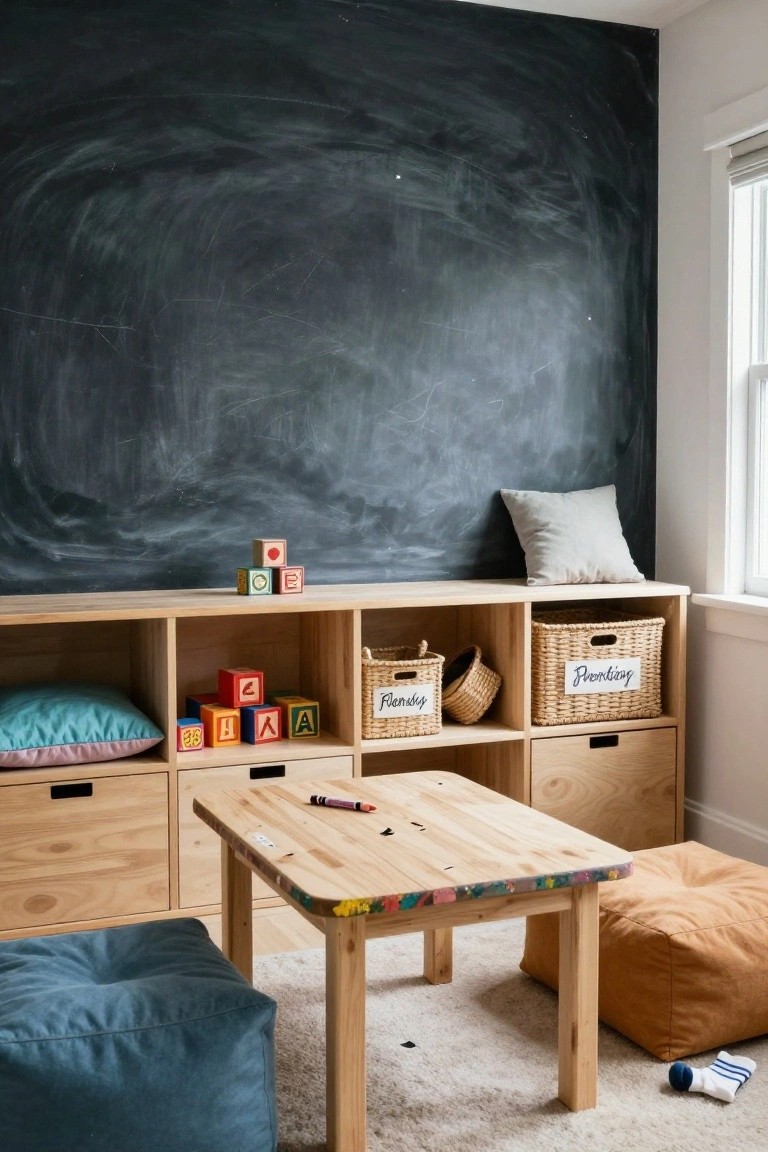 Children's playroom with black chalkboard wall, blonde wooden shelving units holding toys and labeled wicker baskets, small wooden table with crayon, blue and orange floor cushions, and window with blinds.