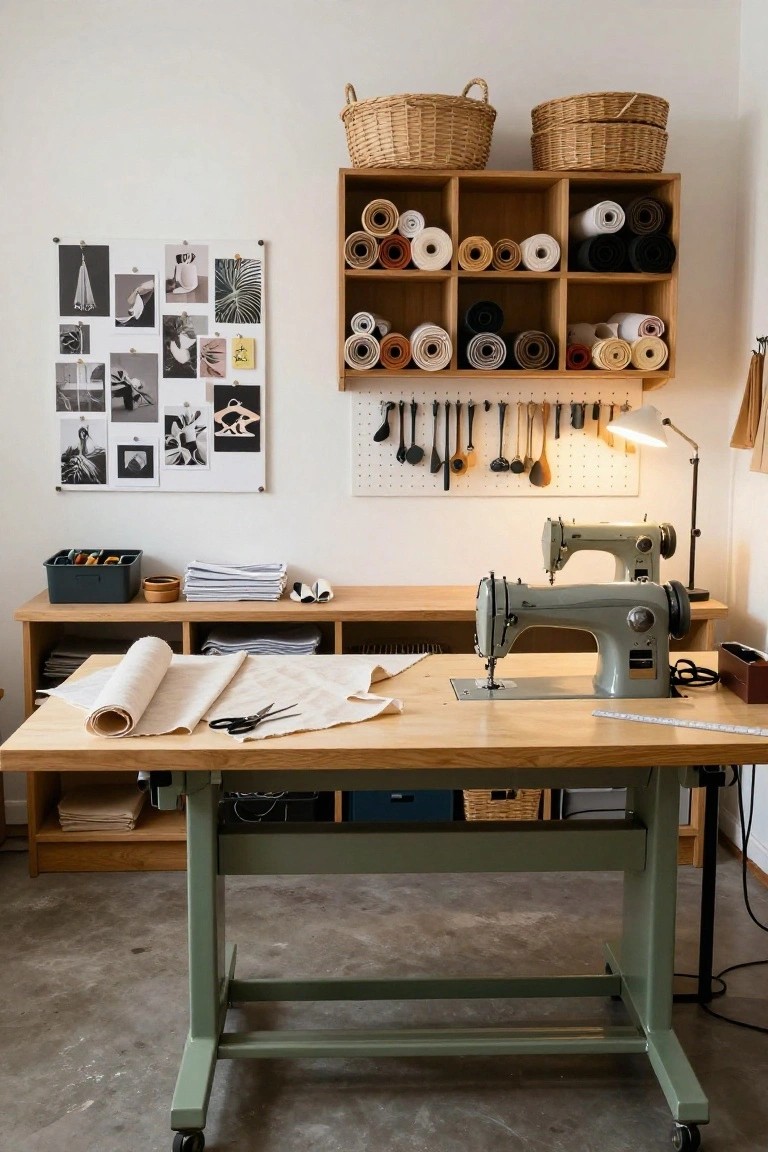 A home sewing studio with wooden cubby shelves stocked with fabric bolts, a pegboard wall holding utensils and tools, two sewing machines on adjacent tables, and a large workbench covered in white fabric with scissors nearby.