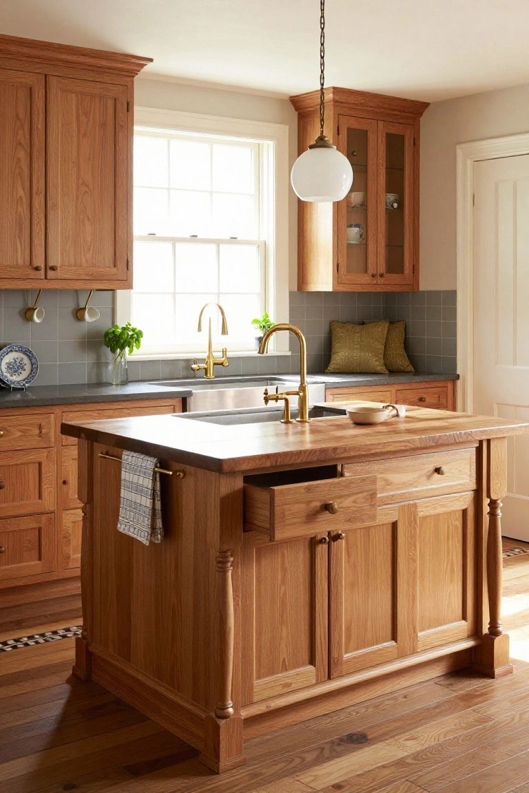 Kitchen interior with warm oak cabinets, central wooden island featuring turned legs and drawers, brass faucet over stainless sink, gray-green backsplash tiles, and natural light from side windows.