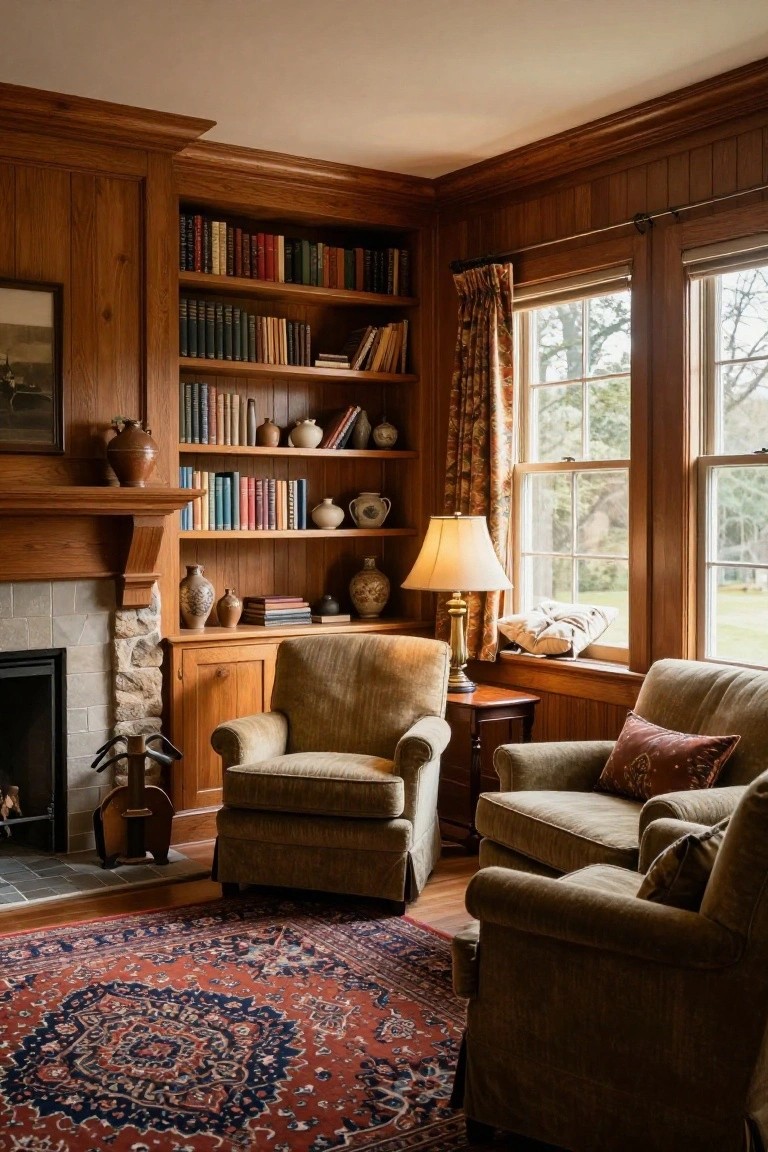 Wood-paneled corner room with built-in bookshelves, stone fireplace, two upholstered armchairs, table lamp, and large windows showing trees and grass outside.