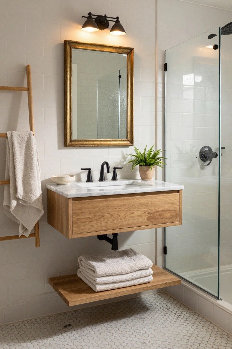 Bright bathroom with floating oak wood vanity, white marble countertop, black faucet, gold-framed mirror, wooden ladder holding white towels, potted fern plant, and glass shower enclosure on white subway tile walls and hexagonal floor tiles.