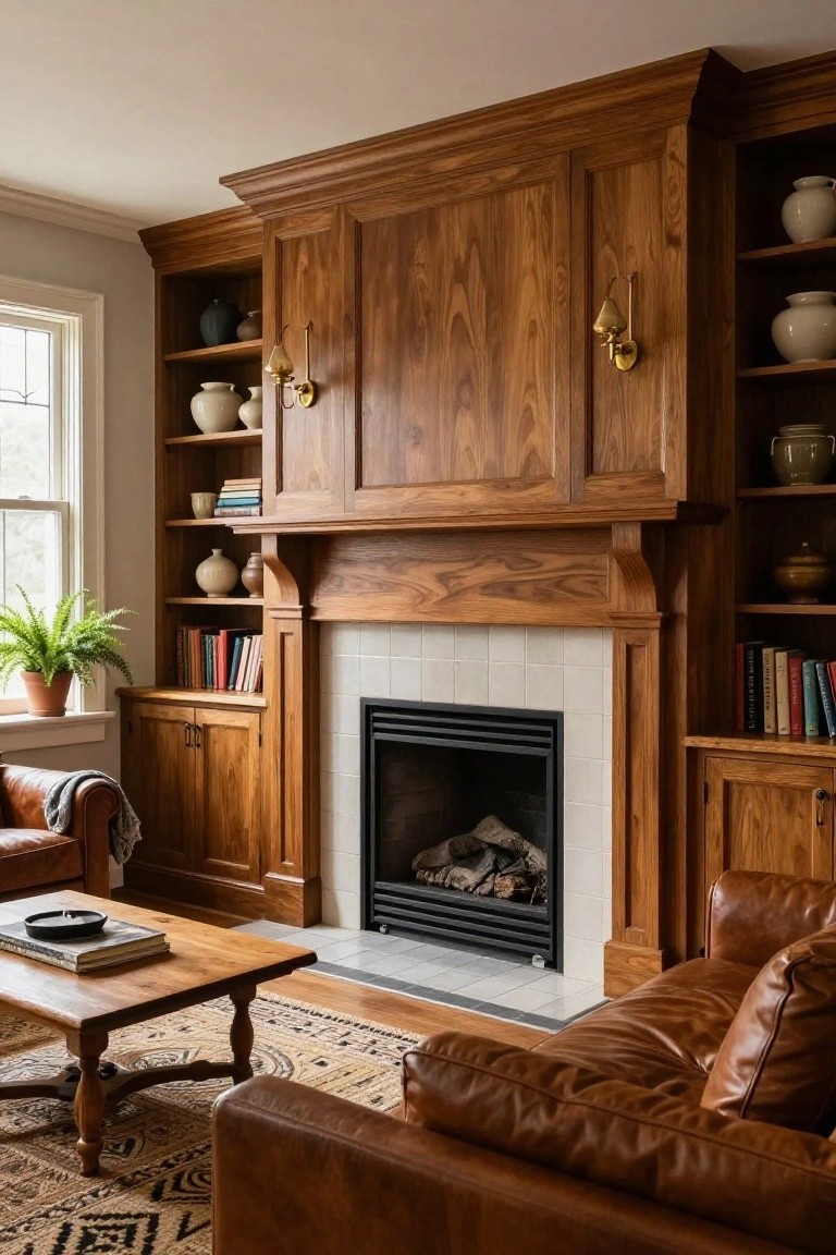 A living room with tall walnut wood built-in cabinets and open shelves flanking a gas fireplace with white tile surround, filled with books, vases, and plants, brown leather sofas nearby, wooden coffee table, and patterned rug.