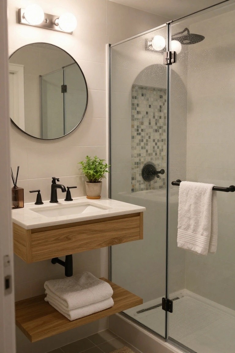 Modern bathroom with floating oak wood vanity, black faucet and shower fixtures, round black-framed mirror, glass shower enclosure, herb plant, and stacked towels on lower shelf.