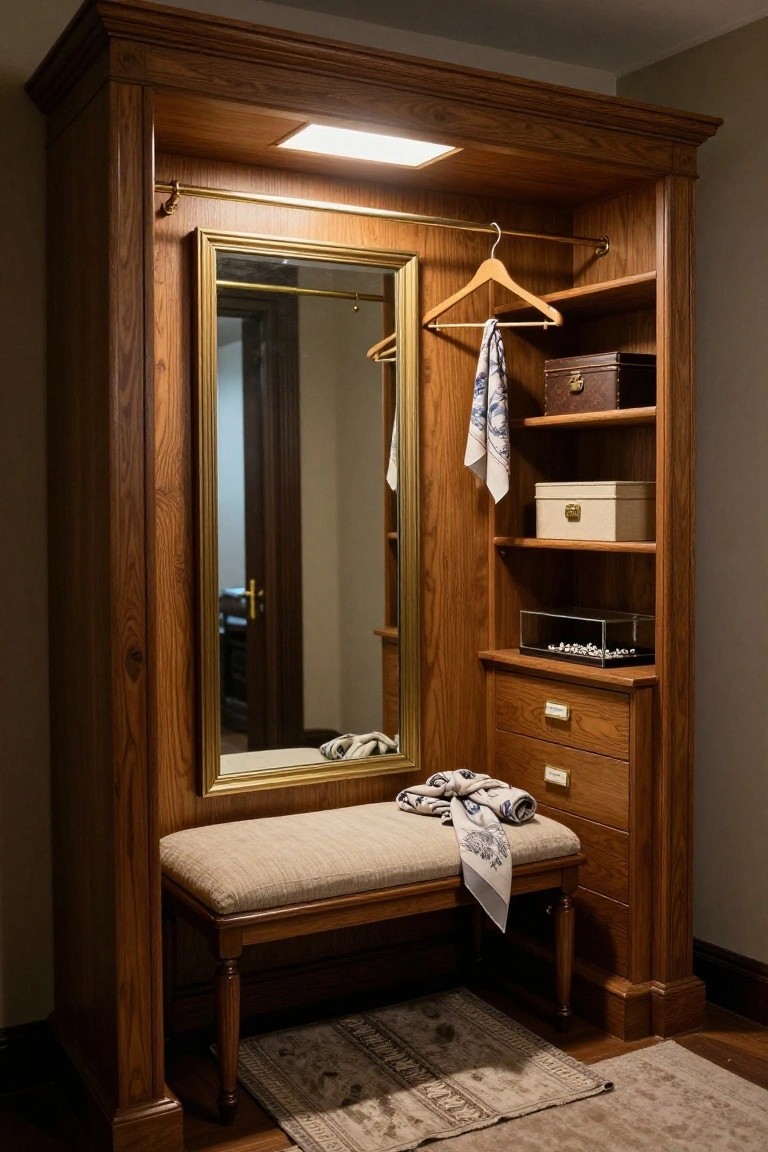 Tall wooden armoire-style wardrobe with gold-framed mirror, brass hanging rod, shelves holding boxes, labeled drawers, and beige upholstered bench draped with towels.