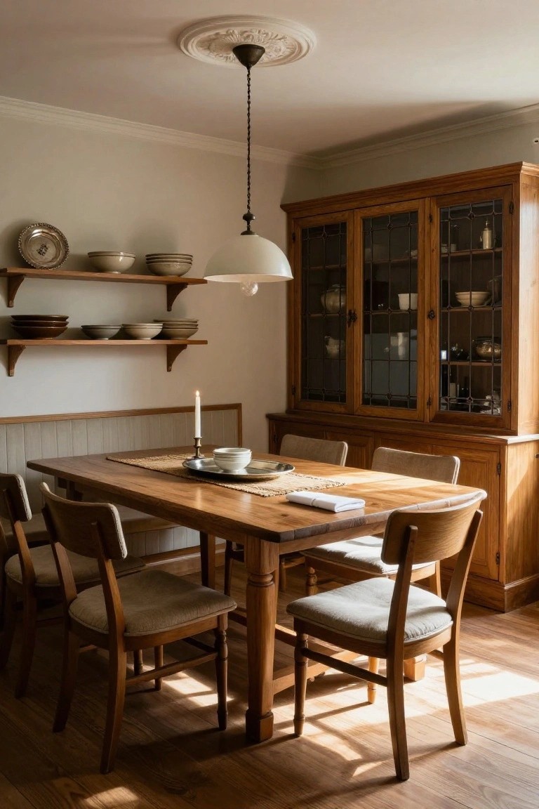 Sunlit dining room with wooden table, upholstered chairs, built-in beige banquette, wooden wall shelves holding ceramic bowls and plates, lit candle on table, and tall wooden cabinet with glass doors on the side.