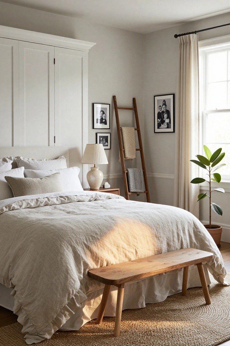 Cozy bedroom with white bedding, wooden bench, ladder, and potted plant.