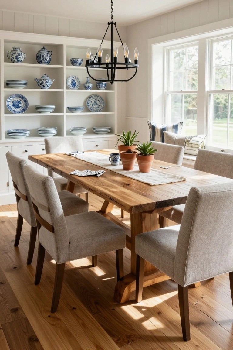 Dining room featuring a white open hutch displaying blue and white china, a wooden trestle table with beige upholstered chairs, black iron chandelier, potted plants, and large windows.