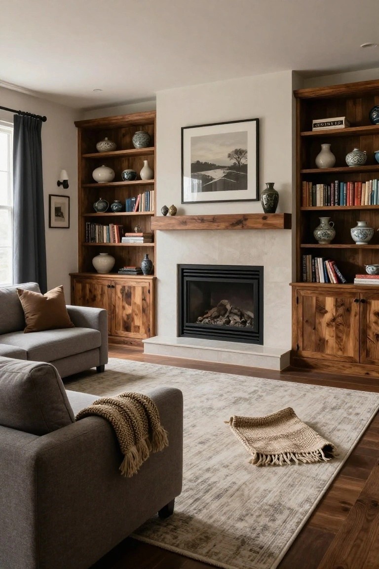 A living room interior shows wooden built-in bookshelves on both sides of a gas fireplace with a wooden mantel, a gray sofa with pillows and throw, neutral rug, and hardwood floors.