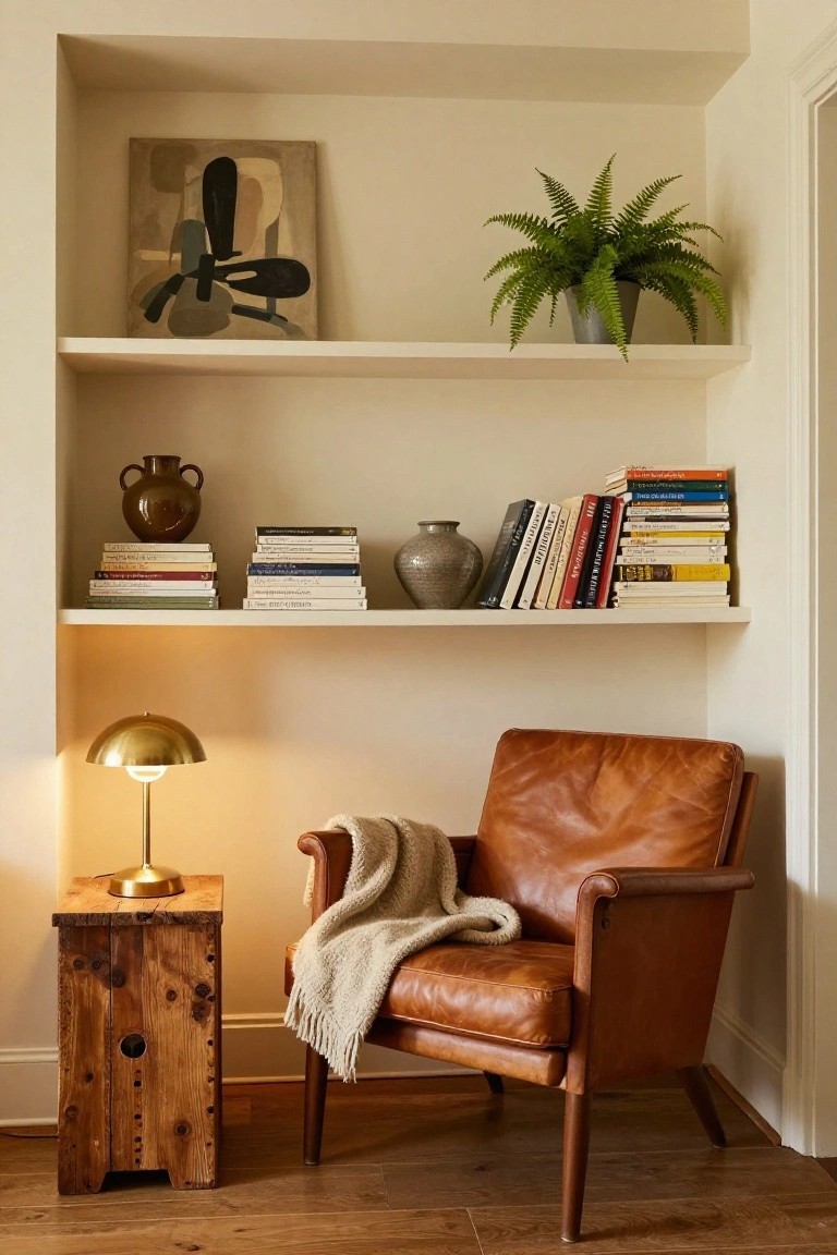 Recessed wall shelves with abstract artwork, fern plant, ceramic vases, and stacks of books, beside a tan leather armchair with cream throw blanket on a rustic wooden side table holding a gold lamp, in a beige room with hardwood floors.