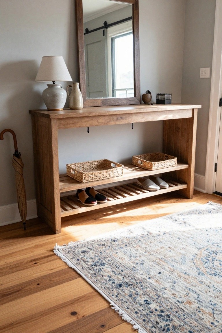 Wooden console table against a light gray wall in an entryway, topped with a lamp, ceramic vases, and a small bowl, with a large wood-framed mirror above, open lower shelves holding woven baskets and shoes, an umbrella leaning nearby, and a blue and white rug on hardwood floors.