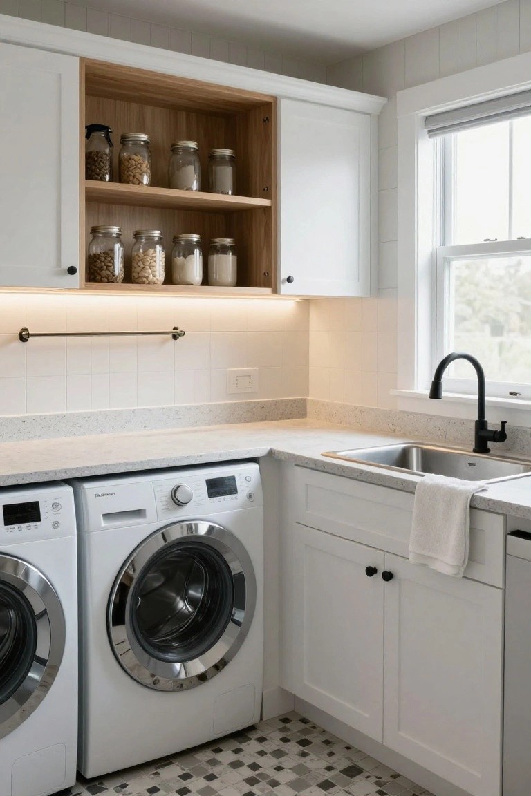 White laundry room corner with side-by-side front-load washers and dryers under a light gray countertop featuring a stainless steel sink and matte black faucet, white shaker cabinets, open wooden shelves stocked with glass jars, subway tile backsplash, and checkered floor tiles.