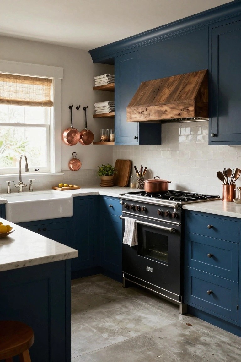 A modern farmhouse kitchen with navy blue cabinets, white marble countertops, a white farmhouse sink, black range oven, wooden hood over the stove, and hanging copper pots.
