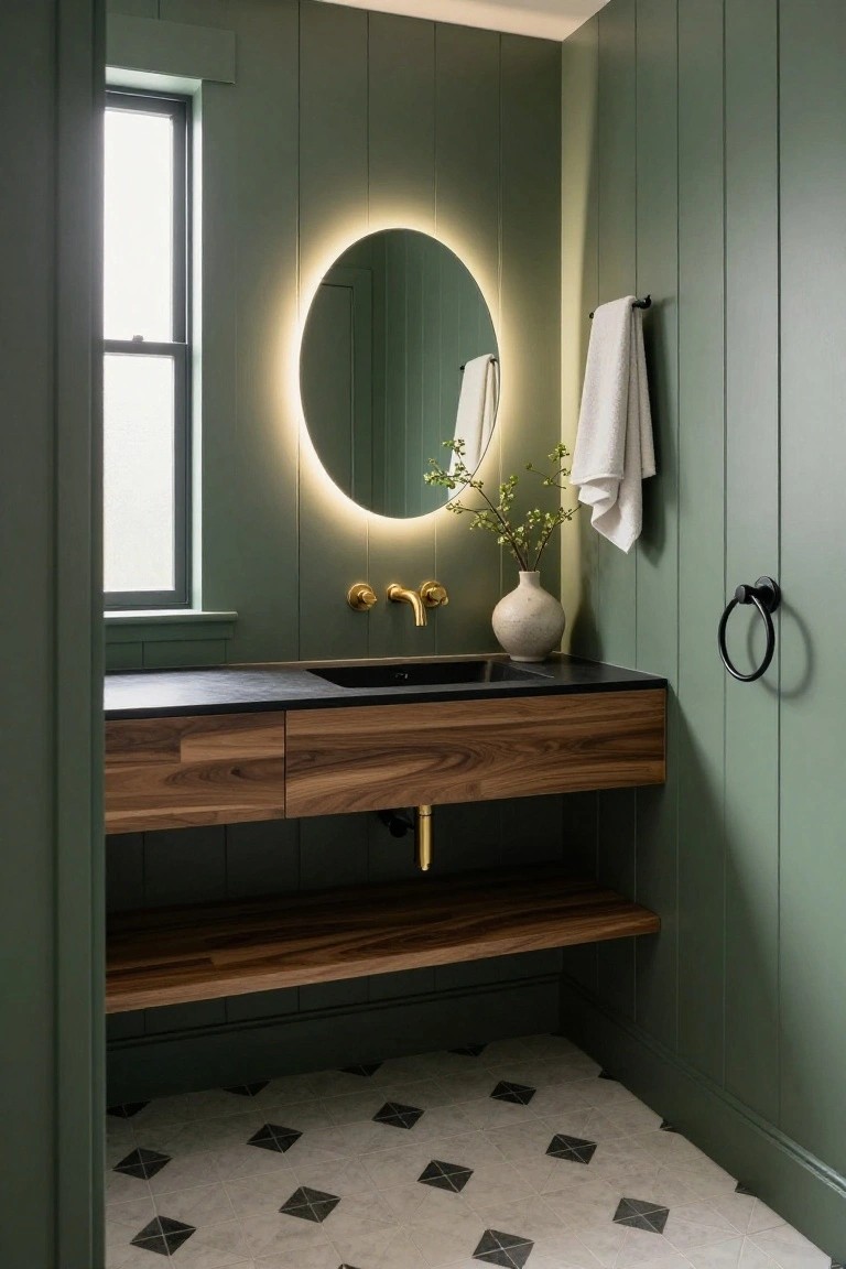 Sage green shiplap-walled bathroom with floating walnut vanity, black countertop and sink, gold wall-mounted faucet, round backlit mirror, white towels on black bars, ceramic vase with branches, and black and white diamond-patterned floor tiles.