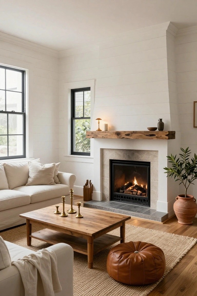 Modern farmhouse living room featuring white shiplap walls, black-framed windows, a gas fireplace with thick reclaimed wood beam mantel, beige sofa, wooden coffee table with brass candlesticks, terracotta pots, and a leather pouf on hardwood floors.