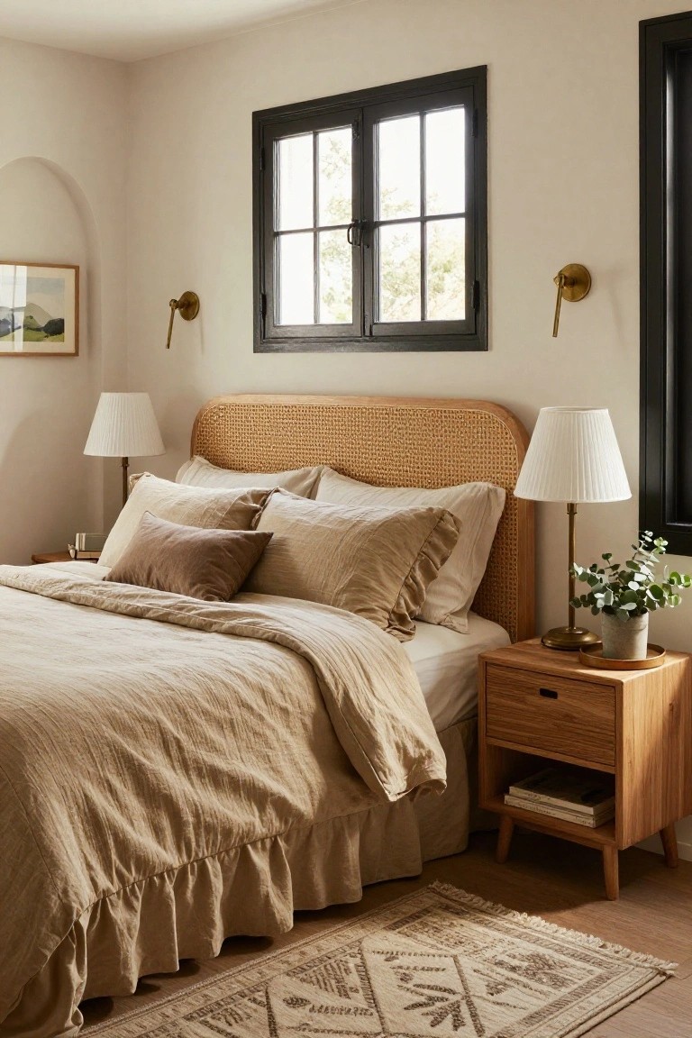 Bedroom interior with beige rattan headboard, neutral linen bedding, two white lamps on nightstands, wood side table with plant, and black-framed window.