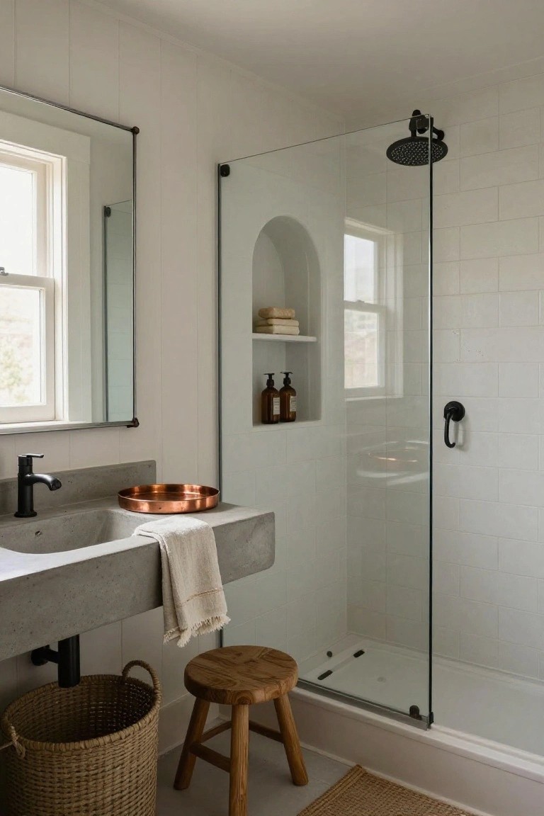 White-tiled bathroom with floating concrete vanity and black faucet, glass shower enclosure featuring arched niche with bottles and towels on shelves, wooden stool, woven basket, and linen towel.