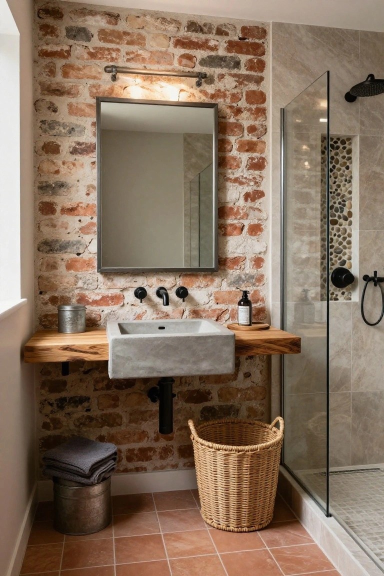 Bathroom with exposed brick feature wall, wooden shelf holding gray concrete sink and black faucets, metal mirror, glass shower enclosure, and woven basket on terracotta tile floor.