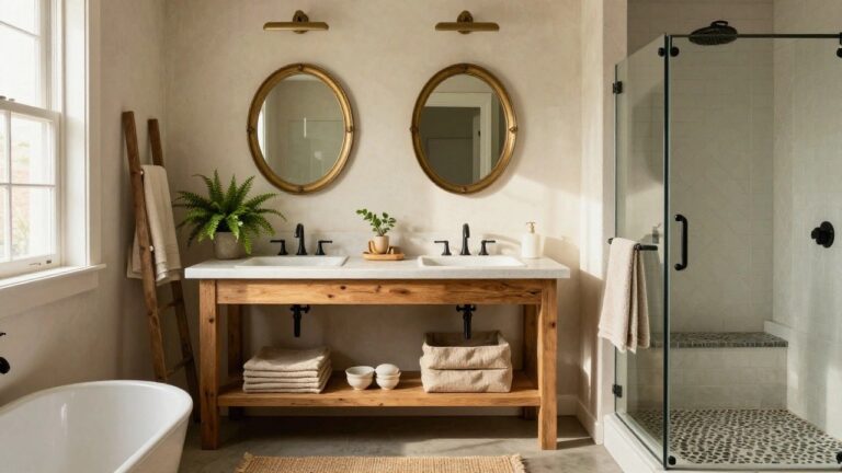 22 Practical Rustic Bathroom Interior Design Ideas With Spa Energy Bathroom interior with beige walls, rustic wooden double vanity under two round brass mirrors, white sinks, open shelves holding baskets and ceramics, fern plant, glass shower enclosure with pebble tile floor, and seagrass rug.