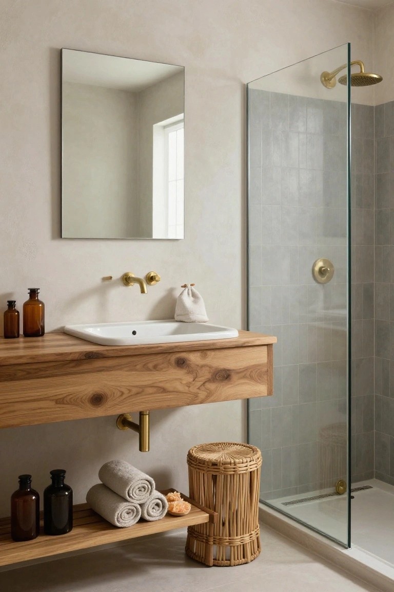 A rustic bathroom with a floating oak wood vanity and white sink, brass faucets, open lower shelf holding towels and bottles, glass shower enclosure with green tiles, woven stool, and neutral walls.