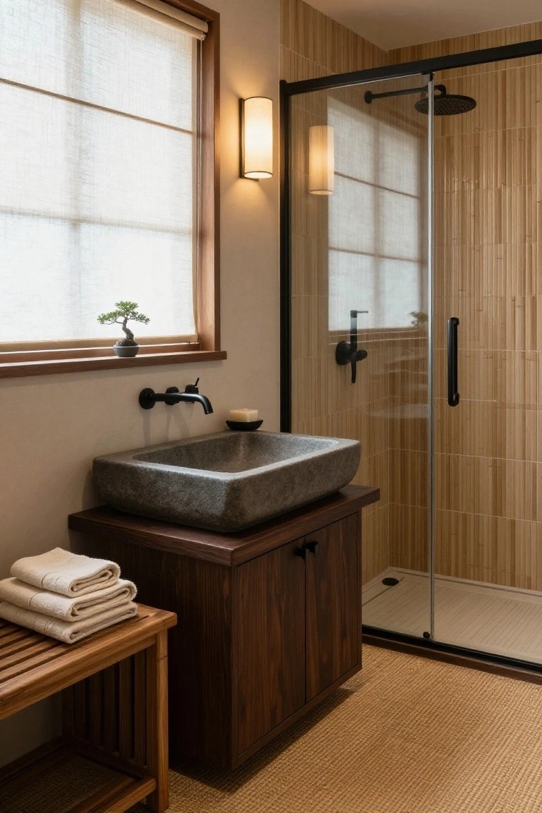 A bathroom with bamboo tile walls on a glass shower enclosure, wall-mounted black faucet over a gray stone vessel sink on a wooden vanity and cabinet, wooden bench with folded white towels, bonsai plant on windowsill, and beige tatami floor mat.