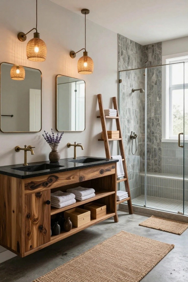 A rustic bathroom with a floating wooden vanity topped in black stone and two integrated sinks, flanked by gold-framed round mirrors, rattan pendant lights overhead, a wooden ladder shelf holding white towels and baskets next to a glass shower with gray tile walls and a bench seat, polished concrete floor with seagrass rugs.