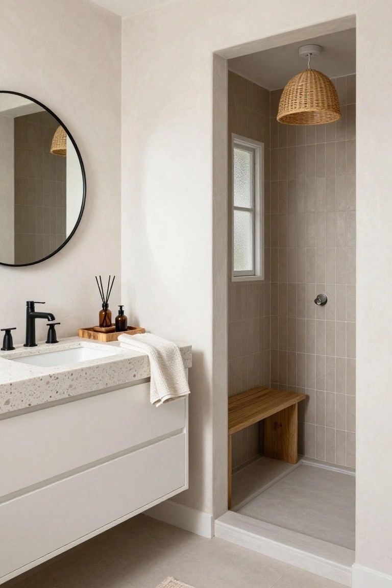 Modern bathroom with floating white vanity on terrazzo countertop, black faucet and handles, round black mirror, reed diffuser on wood tray, and adjacent narrow walk-in shower with beige vertical tiles, wood bench seat, and rattan pendant light.
