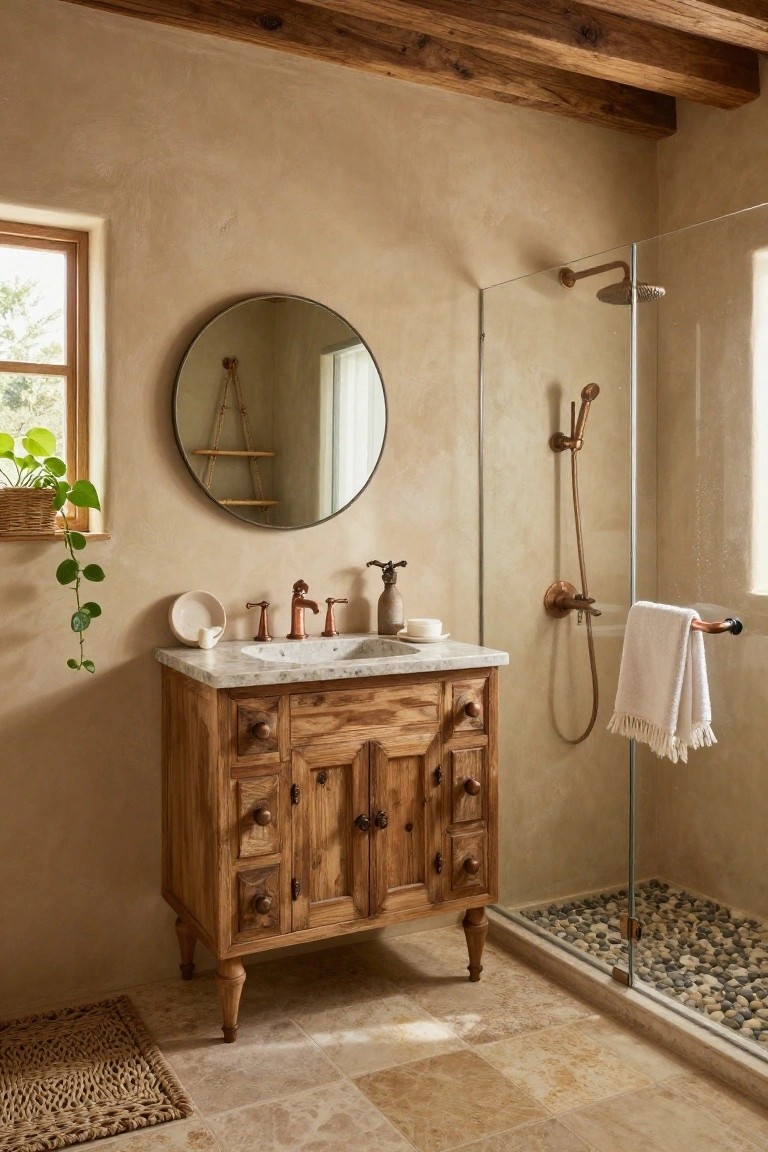 Rustic bathroom with wooden vanity topped by marble sink and brass faucets, round rope-hung mirror, glass shower enclosure with pebble floor and brass showerhead, beige textured walls, small window with potted plant, and woven rug.