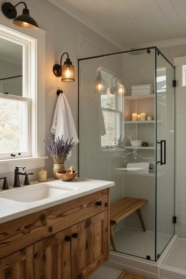 Bathroom interior with rustic wooden vanity cabinets topped by white sink, glass shower enclosure with teak bench and open shelves holding towels and candles, wall sconces, lavender bouquet, and window by the shower.