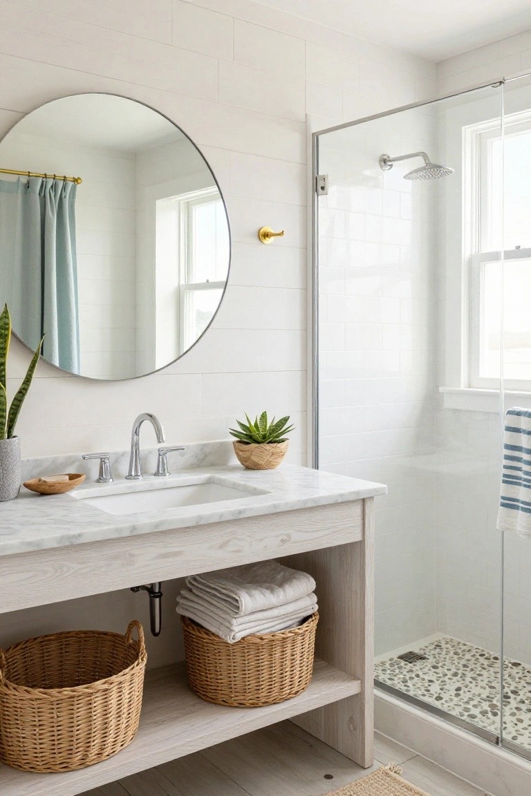 A bright bathroom with white subway tile walls, a glass shower enclosure, round wall mirror, marble-topped white-washed wood vanity with wicker baskets storing towels underneath, potted plants on the counter, and a window with blue curtains.