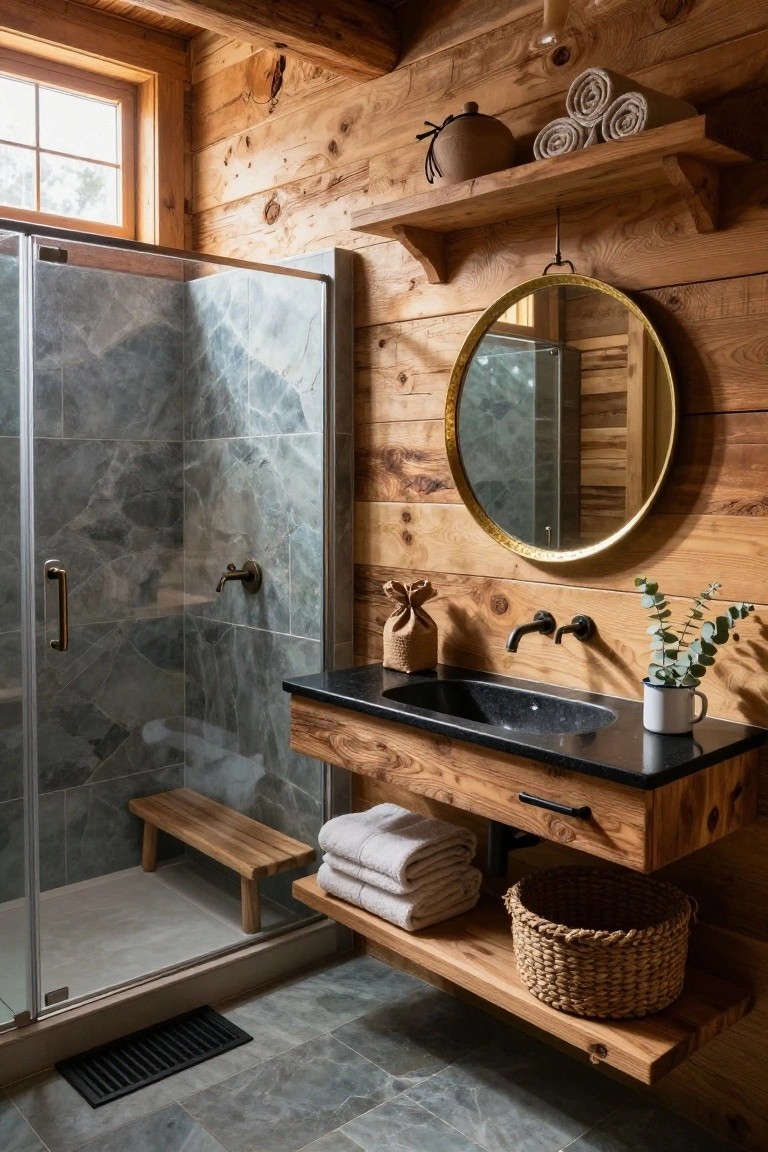Rustic interior bathroom with log walls, glass shower enclosure with gray marbled tiles, wooden vanity with black sink, round gold mirror, and floating wood shelves holding towels and plants.