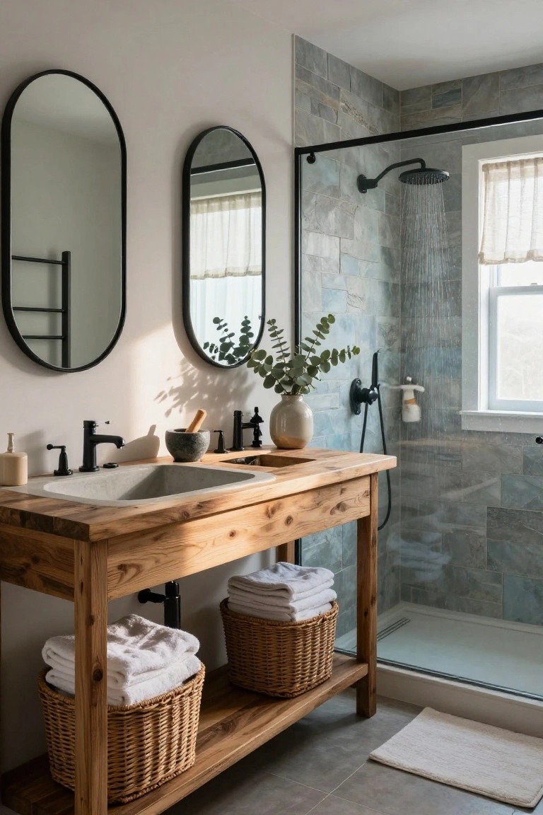 Bathroom with rustic wooden vanity holding a concrete sink, black faucets, oval black-framed mirrors, blue-gray tiled shower enclosure, potted eucalyptus, and stacked white towels in wicker baskets on a light gray tile floor.