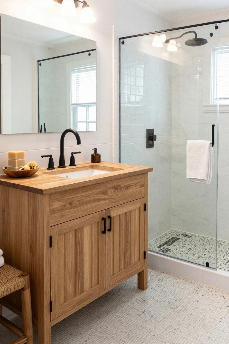 A bathroom interior with an oak wood vanity cabinet topped by a white undermount sink and black faucet, flanked by a glass shower enclosure with white subway tile walls and pebble floor tile.