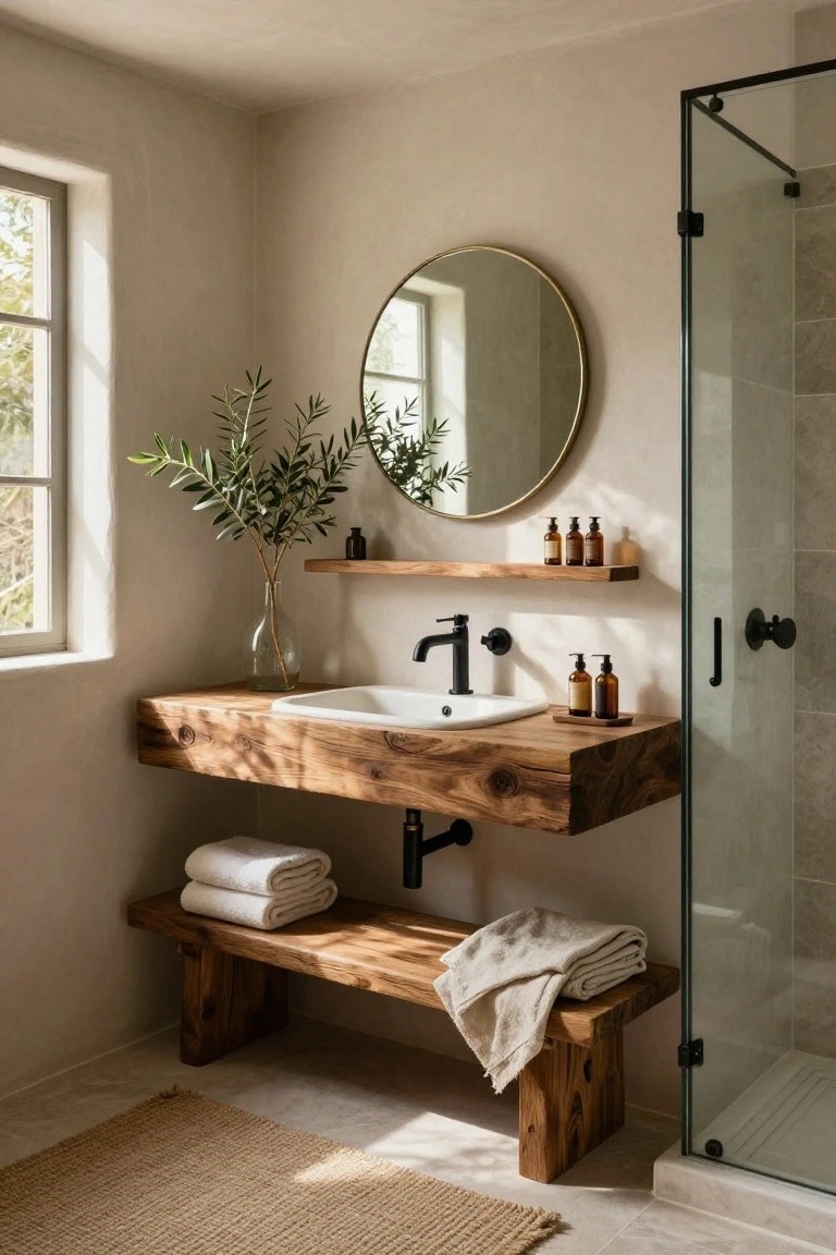 Bathroom corner with floating rough-hewn wooden vanity and sink, black faucet, round gold mirror above olive branches in glass vase, wooden shelf with bottles, bench below with stacked towels, and glass shower enclosure beside beige tile floor and rug.